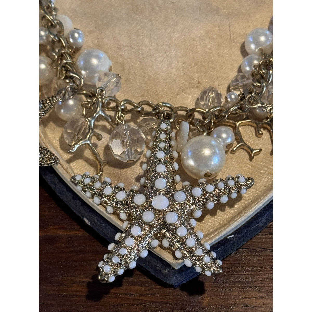 Goldtone Ocean Charm Necklace Starfish Faux Pearl Crystal Statement 19.5”