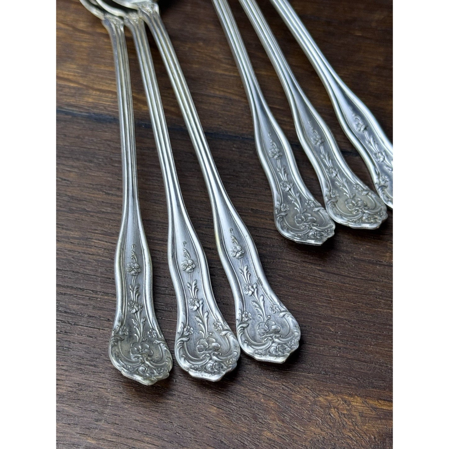 Vintage Extra Coin Silver Plate Iced Tea Spoons Set 6 Floral 7.5”