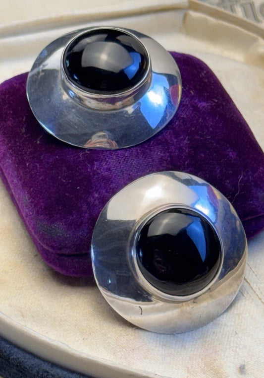 C&S Sterling Silver Black Onyx Post Earrings Round Modernist Statement 1 3/8”