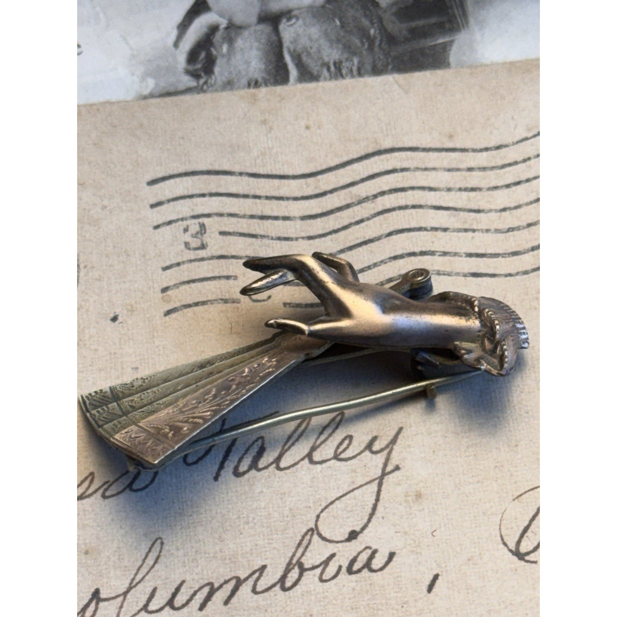 Victorian Hand Brooch Holding Engraved Fan Goldtone Figural 2”