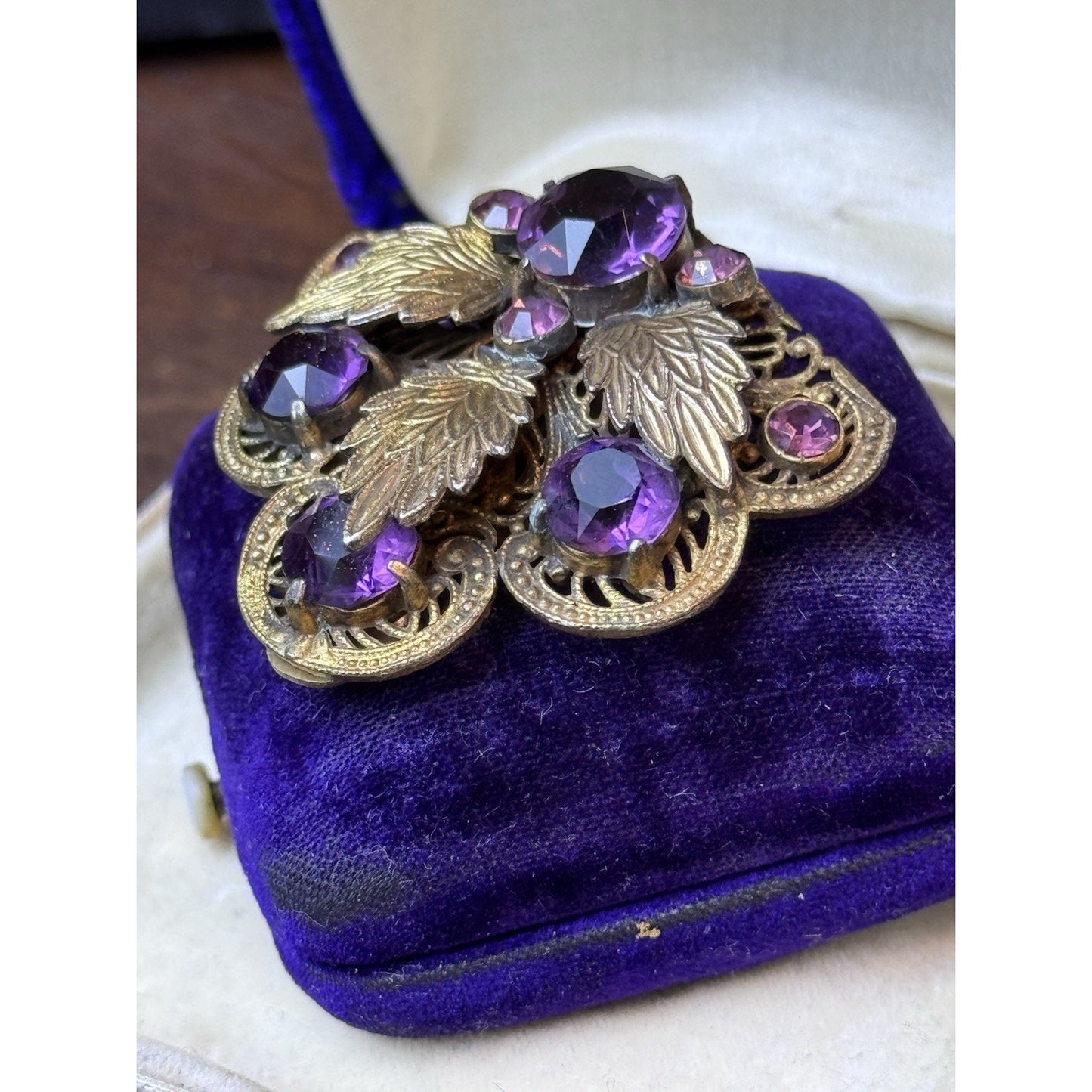 Antique Dress Clip Czech Style Purple Paste Goldtone Filigree Leaf Jewelry 1.75”