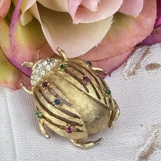 Vintage Bug Brooch Goldtone Rhinestone Ladybug Insect Pin Colorful 1.25”