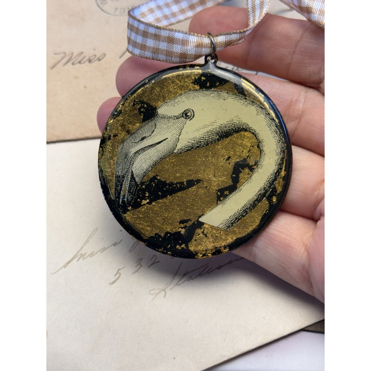 Lucite Flamingo Head Pendant Ornament Gold Foil Black Vintage 2.25