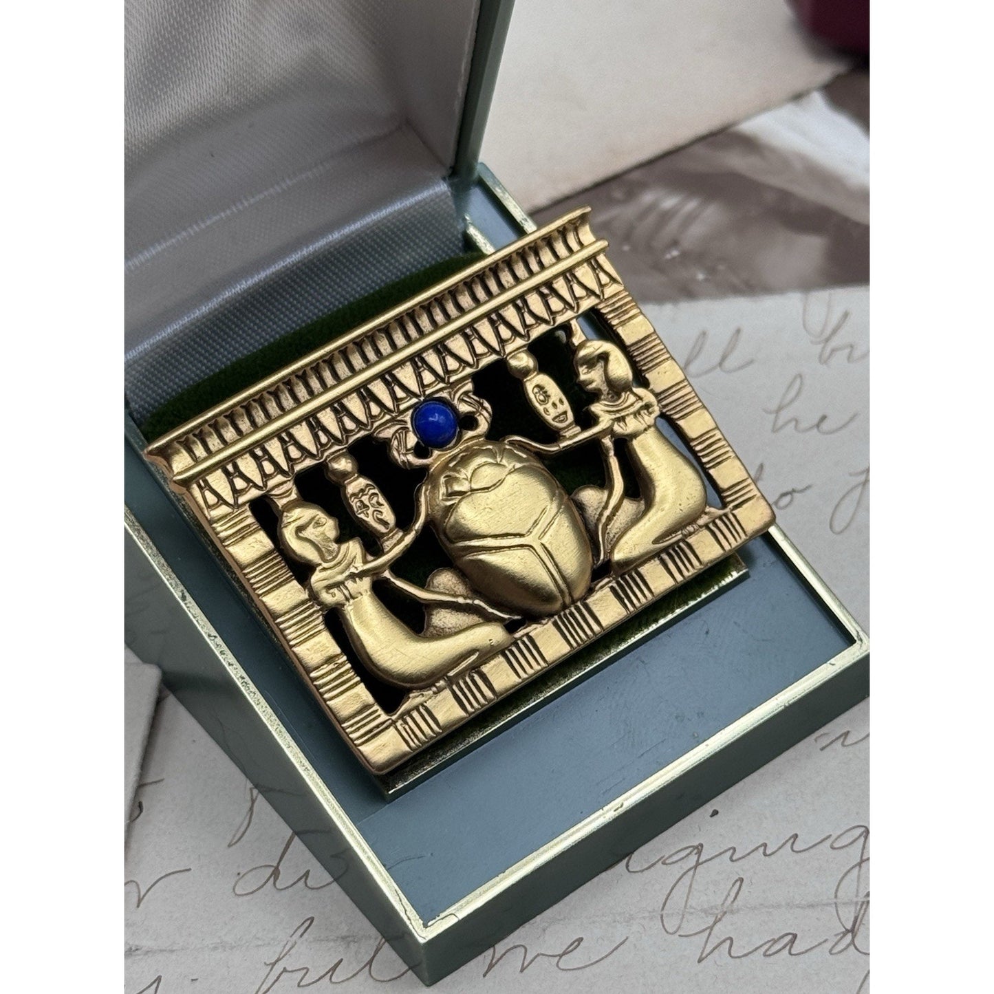 Egyptian Revival Goldtone Scarab Brooch Blue Cabochon 1.75” ESTATE FIND