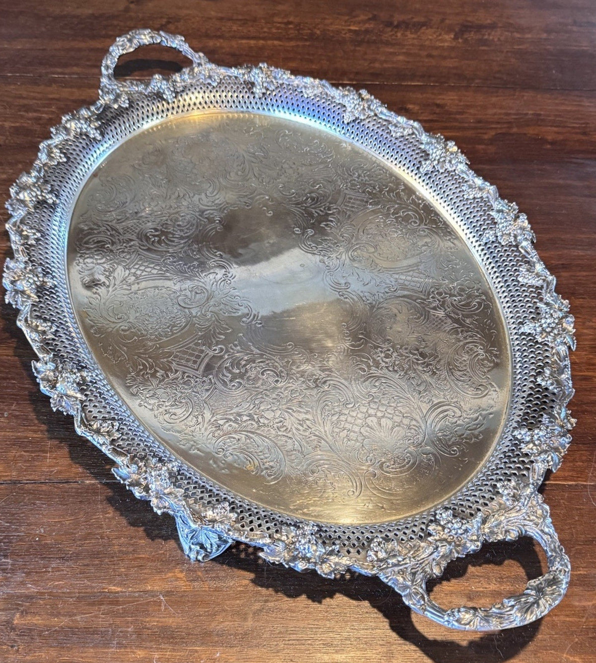 Antique Sheffield Silverplate Oval Serving Tray Footed Reticulated 28” Handles