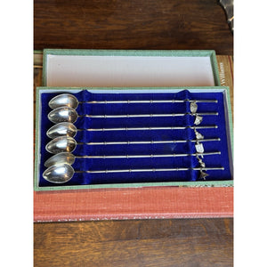 Silver Cocktail Straw Spoons 950 Sterling Bamboo Handle Asian Charms Set VINTAGE