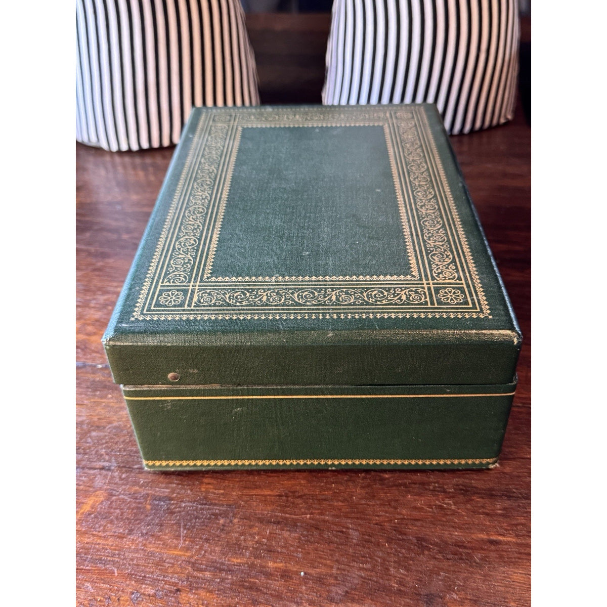 Vintage Green Jewelry Box Gold Scrollwork Pink Velvet Swing Trays 10.25”