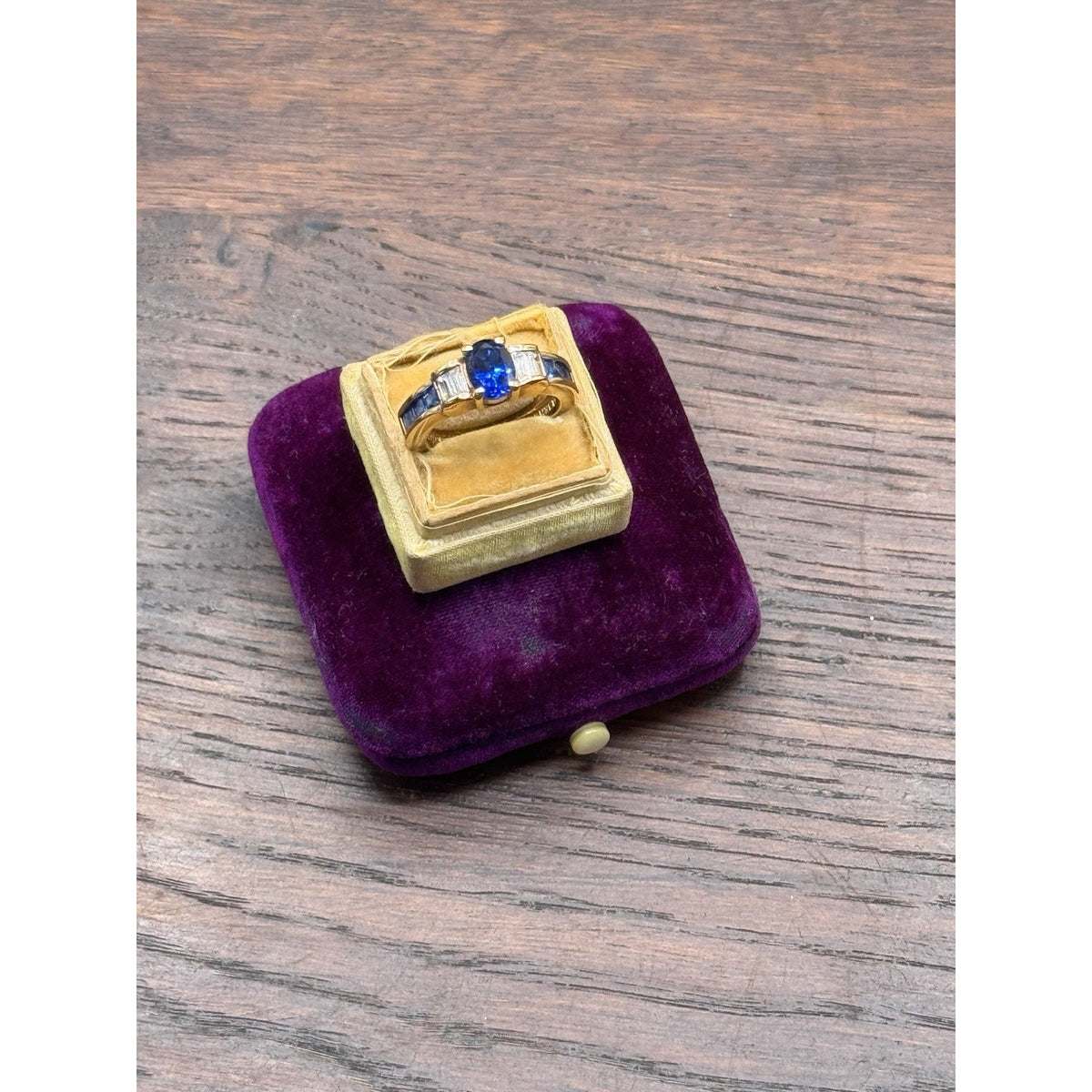 Goldplated Ring Blue Rhinestone Oval Baguette Cocktail Statement Size 7.75
