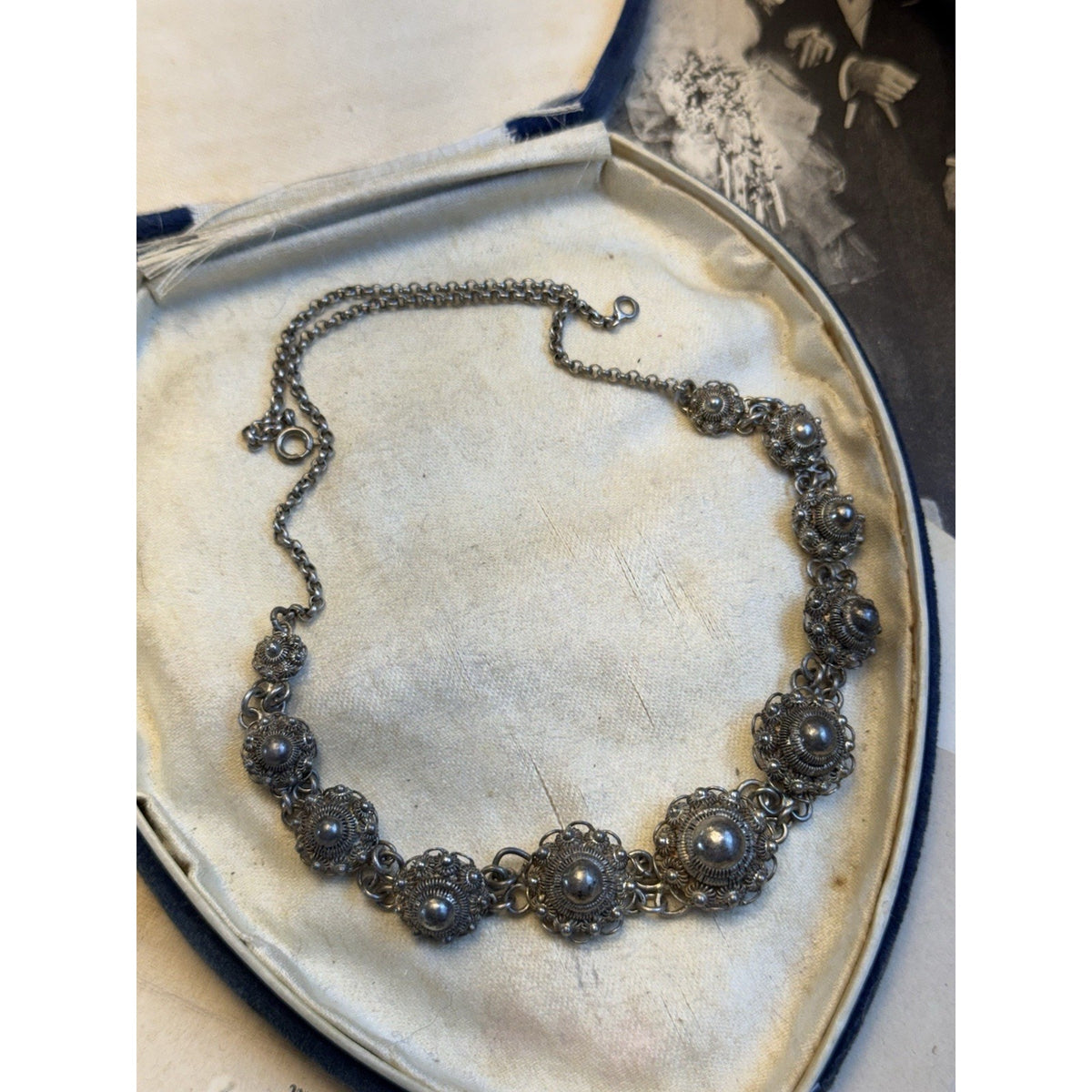 Dutch Button Necklace 835 Silver Filigree Graduated Floral Links Vintage 17.5”