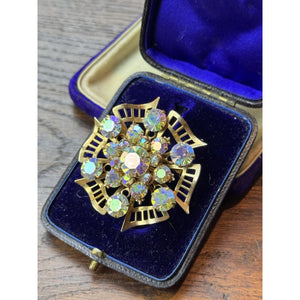 Vintage AB Rhinestone Brooch Goldtone Atomic Starburst 2”