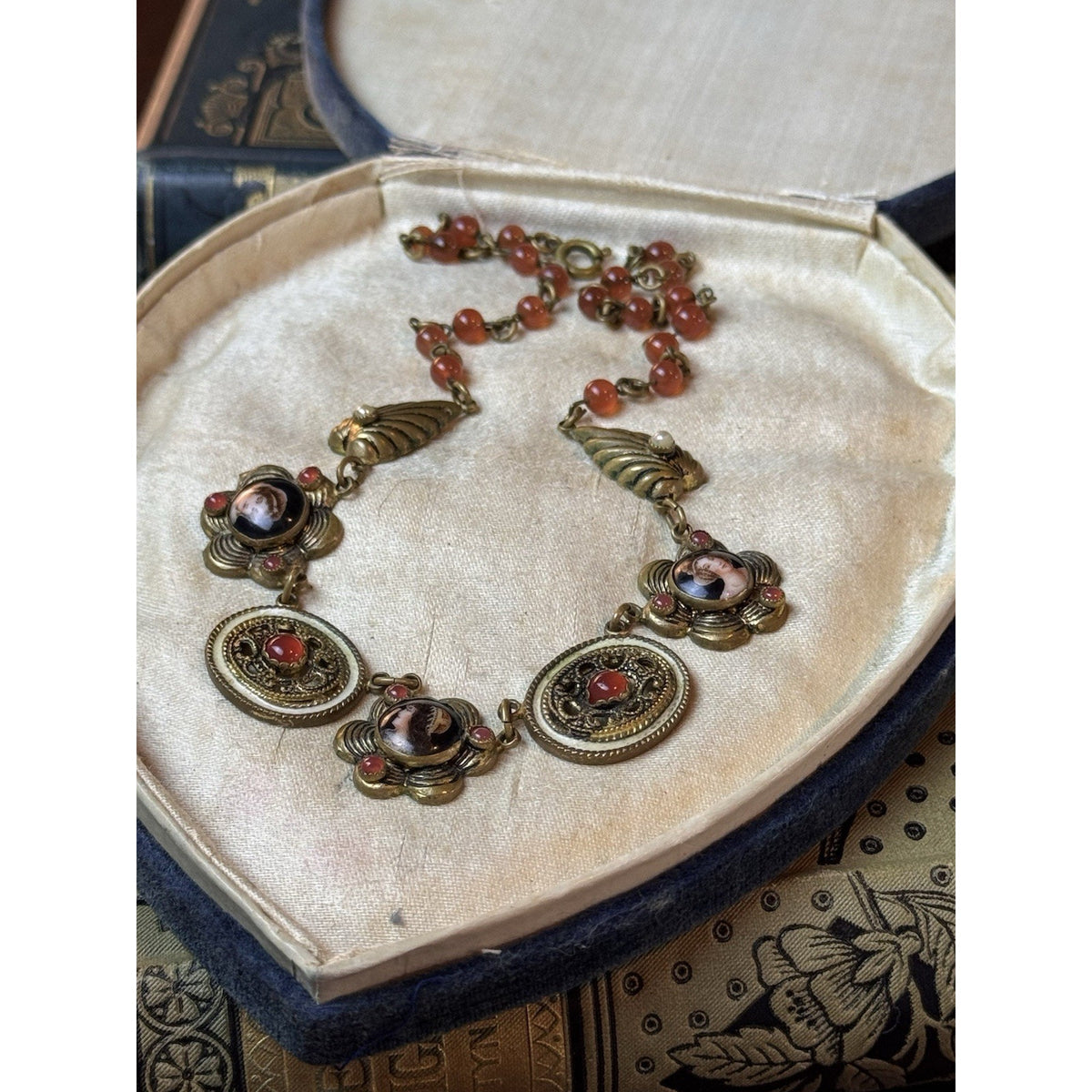 Victorian Revival Brass Necklace Portrait Links Coral Orange Glass Beads 16”