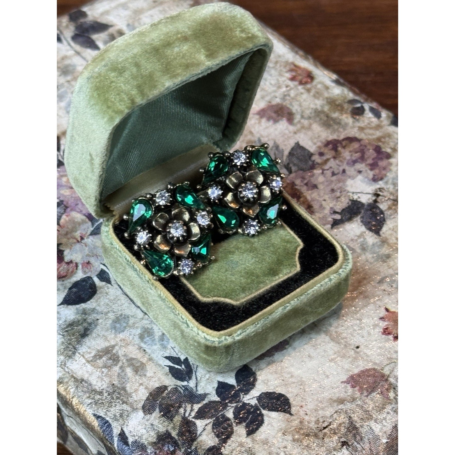Vintage Rhinestone Clip Earrings Green Flower Floral Statement .75”