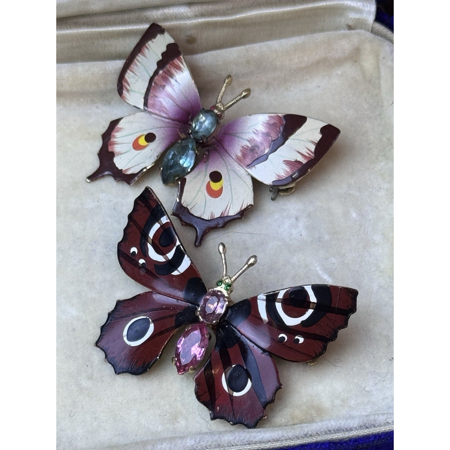 Vintage Butterfly Brooch Pair Hand Painted Enamel Rhinestone Moth Pins 1.75”