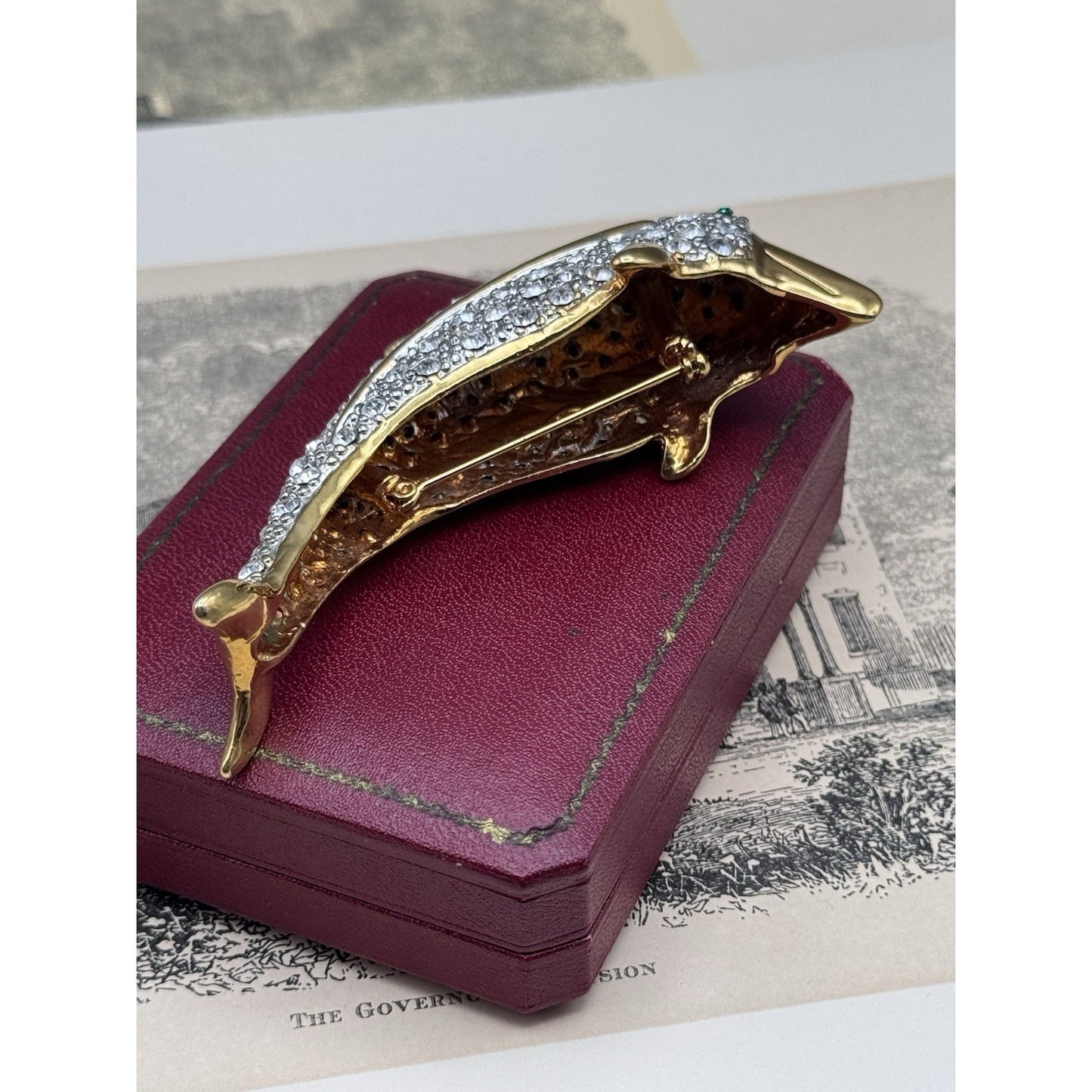 Shoulder Brooch Dolphin Rhinestone Goldtone Pavé Crystal Figural 3.75” VINTAGE