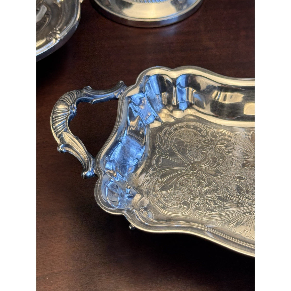 Silverplate Serving Tray 5th Ave Silver Co Footed Handled Chased Vintage 14.5”