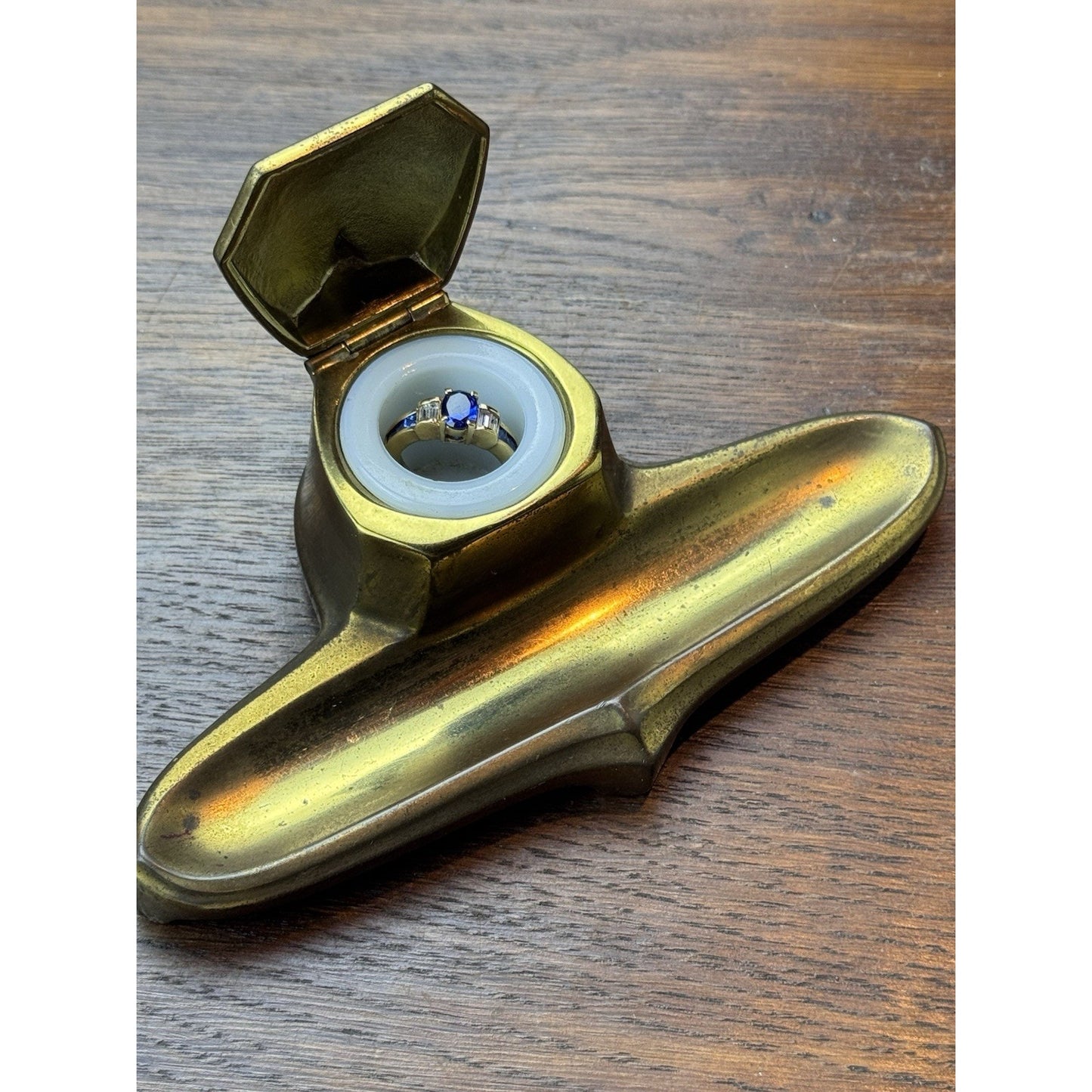 Antique Art Deco Brass Tone Ink Stand Inkwell Pen Tray 6.5” Desk Accessory