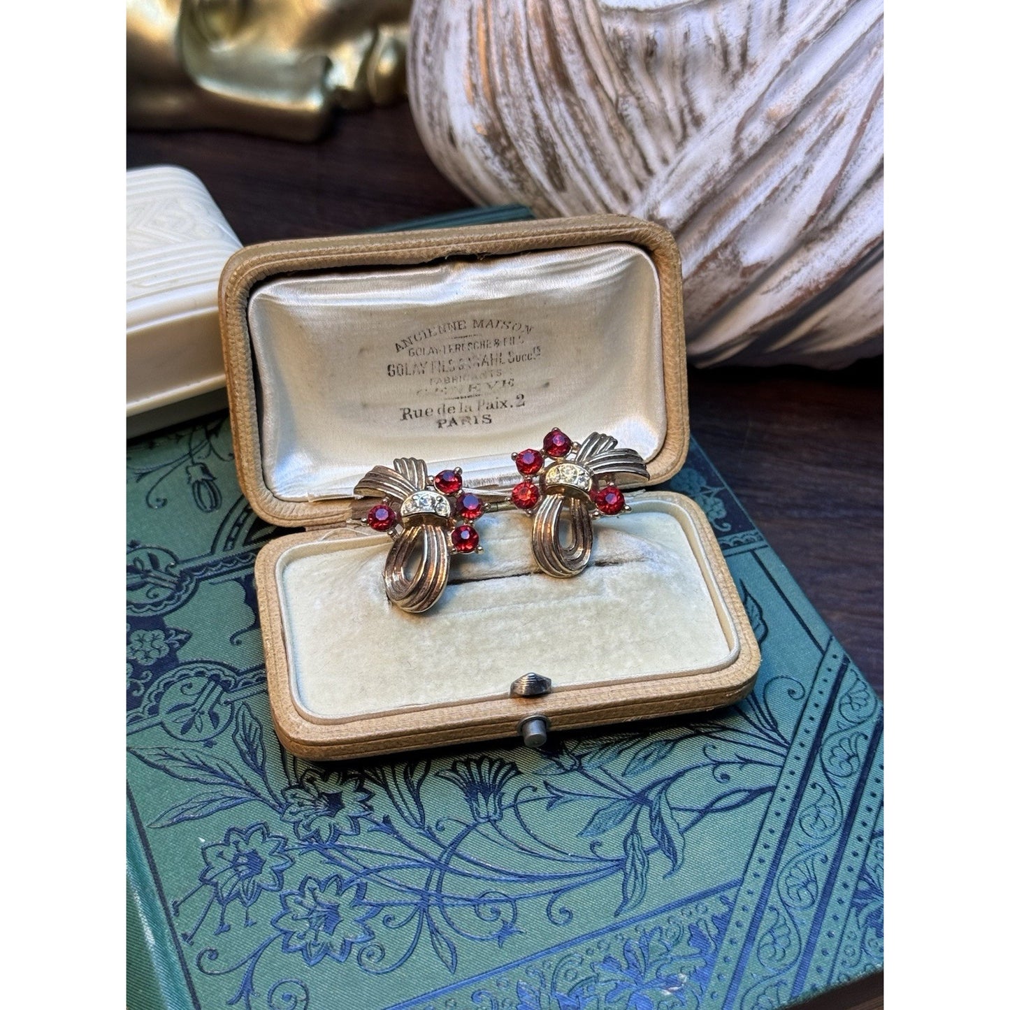 Vintage Ribbon Clip-On Earrings Rose Goldtone Red Clear Rhinestones 1”