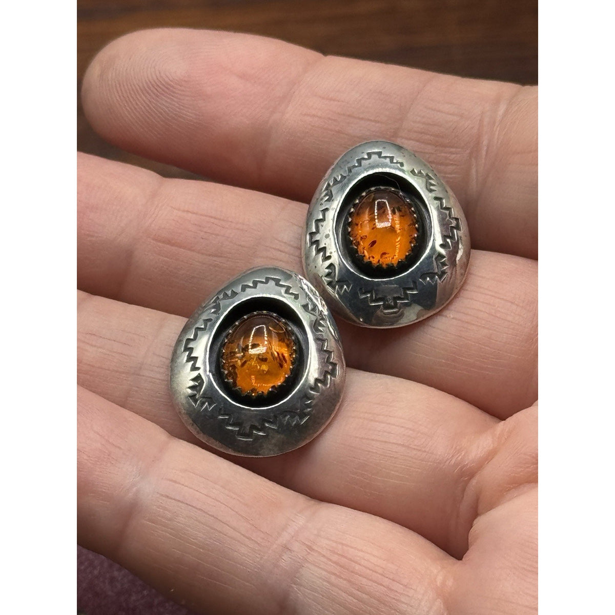 Vintage Navajo AG Sterling Silver Amber Post Earrings Southwestern 1” x .75”