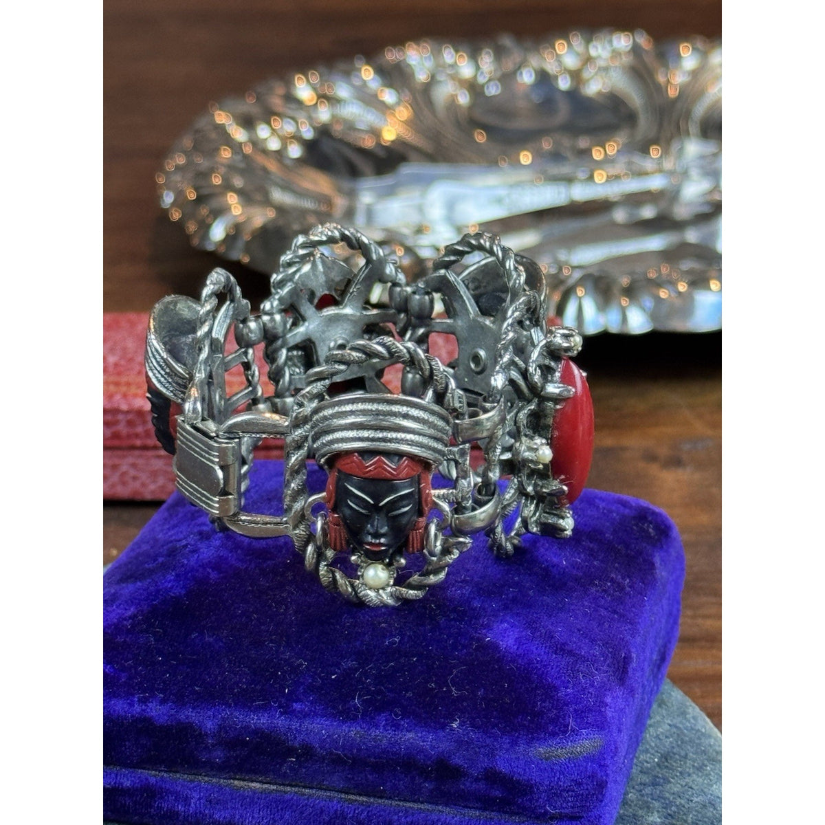 Vintage Selro Selini Bracelet Asian Princess Red Cabochon Faux Pearl 6”