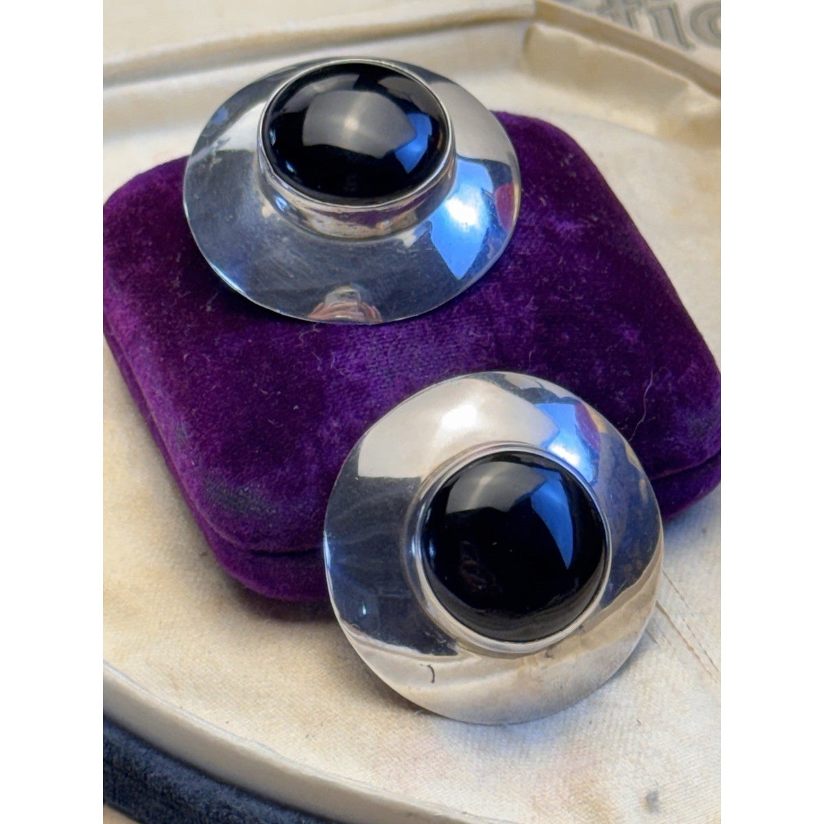 C&S Sterling Silver Black Onyx Post Earrings Round Modernist Statement 1 3/8”