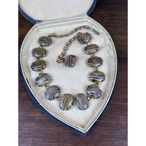 Vintage Goldtone Lucite Faux “Banded Agate” Necklace 16” Oval Panel Statement