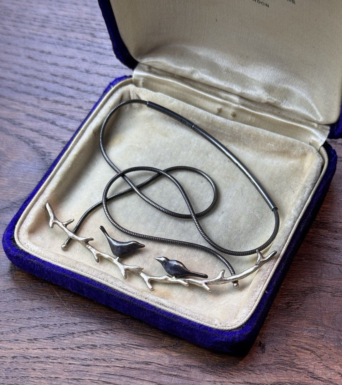 Sterling Bird Necklace 17” Modernist Birds on Branch Pendant 3.25” 925