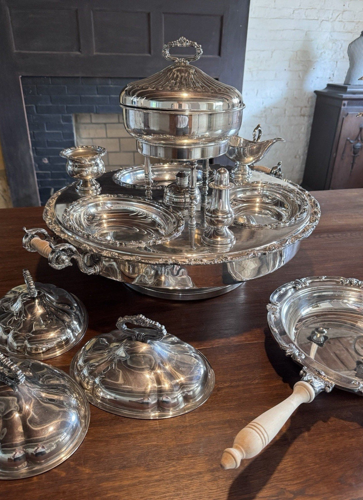Silverplate Bain Marie Lazy Susan Server Chafing Dish 3 Covered Entree Set