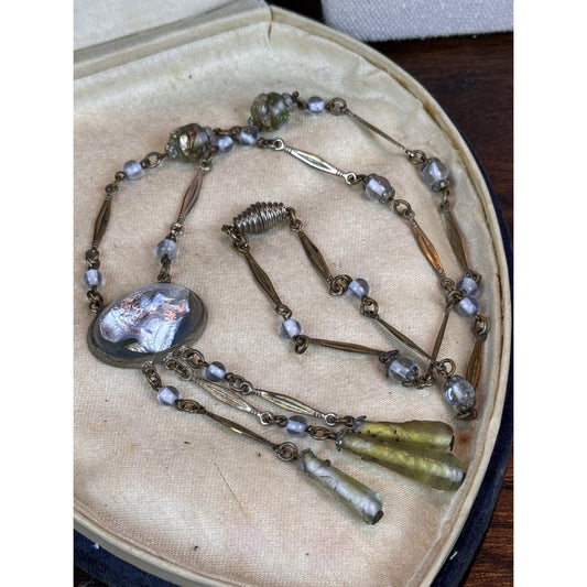 Antique Czech Style Art Glass Necklace Blue Green Glass Dangle Drop 20”