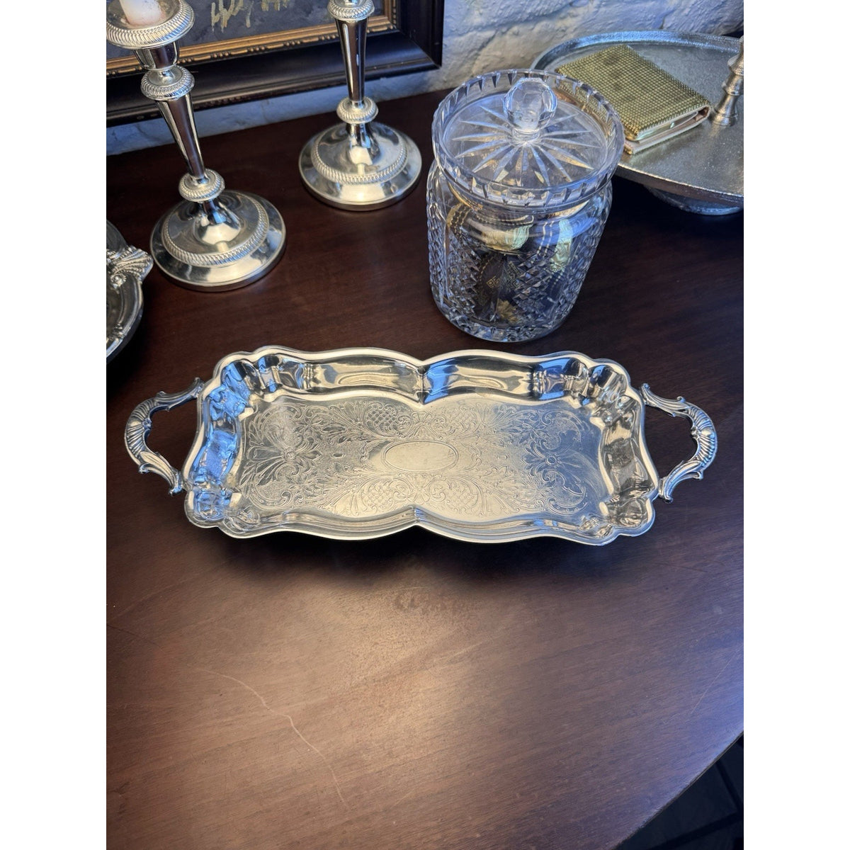 Silverplate Serving Tray 5th Ave Silver Co Footed Handled Chased Vintage 14.5”