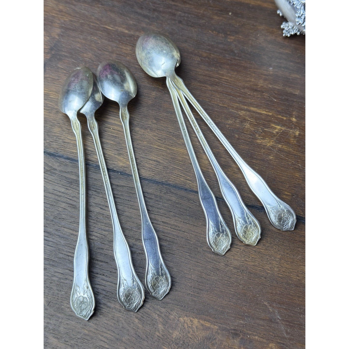 Vintage Extra Coin Silver Plate Iced Tea Spoons Set 6 Floral 7.5”