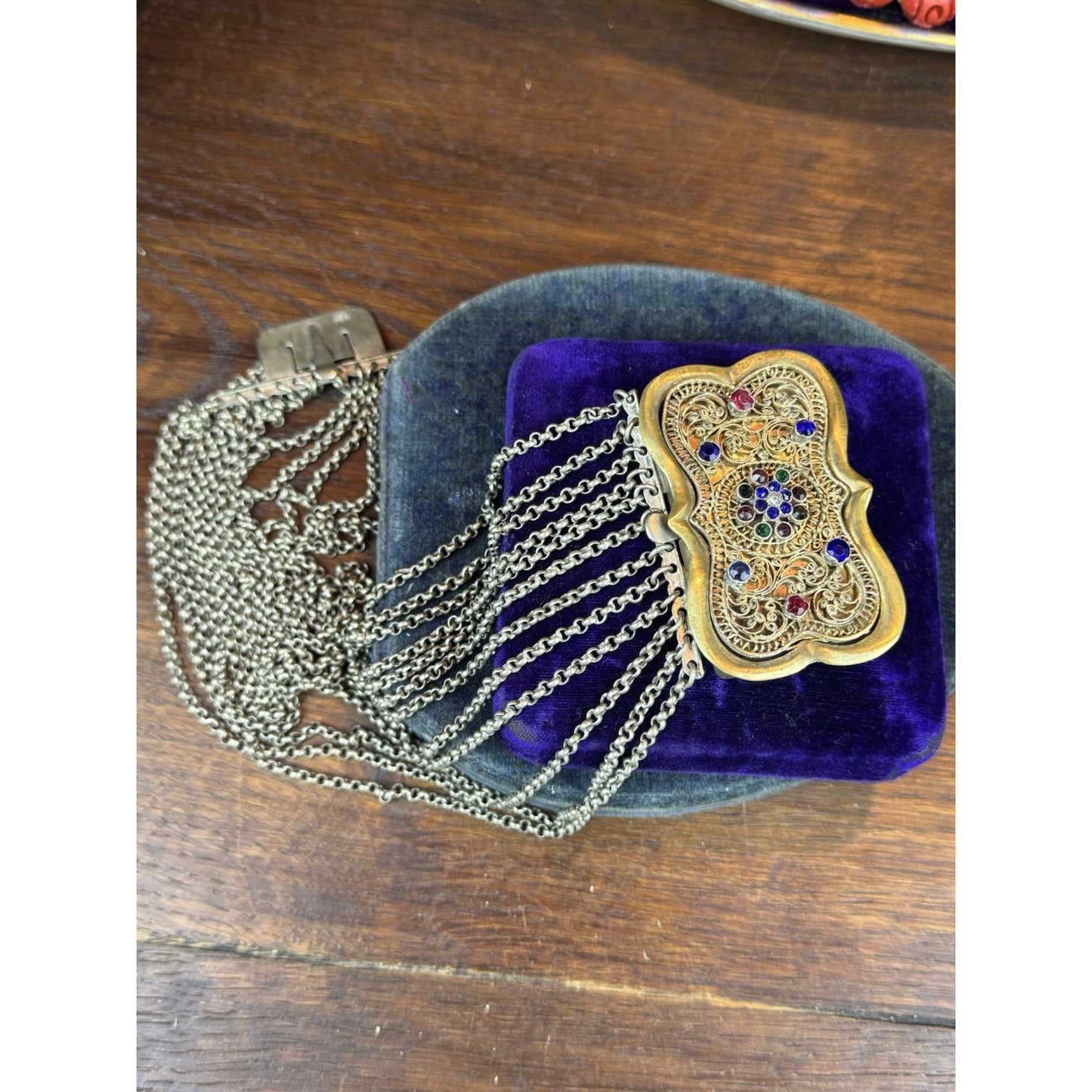 Vintage Trachten Choker Necklace 12 Strand Rhinestone Filigree Brass 13”