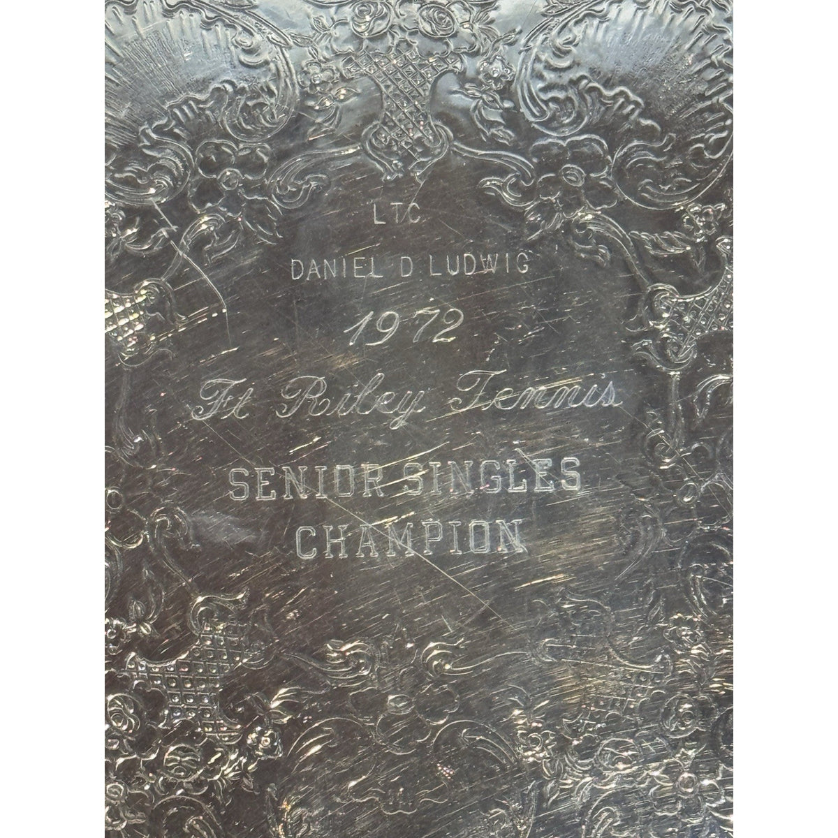 Silverplate Reticulated Charger Tray Ornate Engraved Tennis Trophy 1972 12”