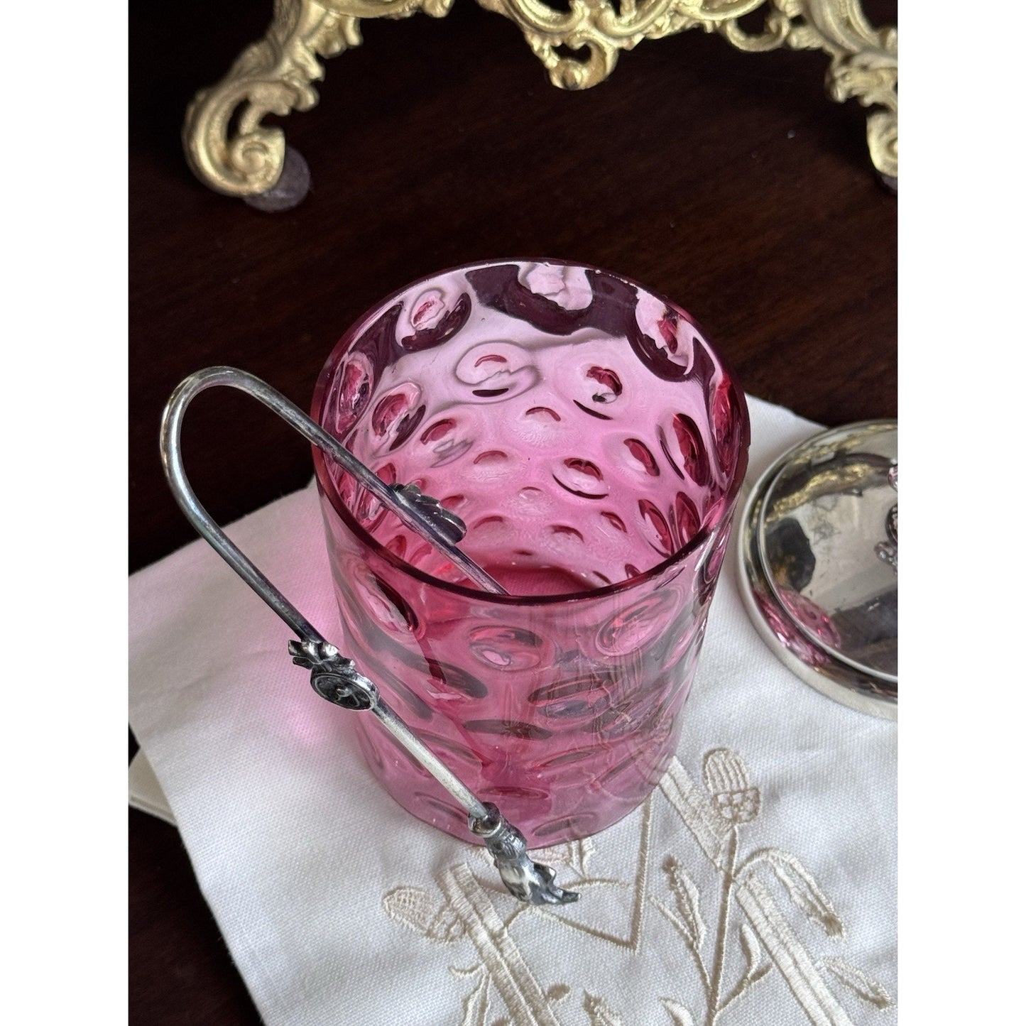 Antique Pickle Castor Cranberry Thumbprint Glass Silverplate Lid Tongs Jar Chips on Rim!!!