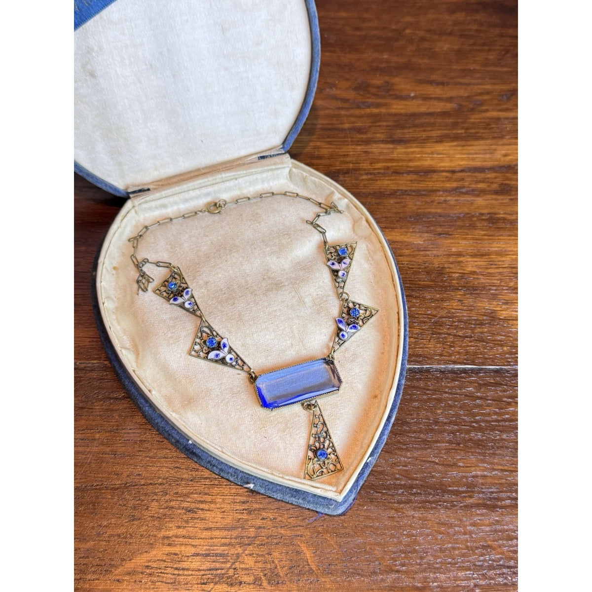 Antique Czech Necklace Blue Glass Enamel Brass Filigree Art Deco 15.5” L