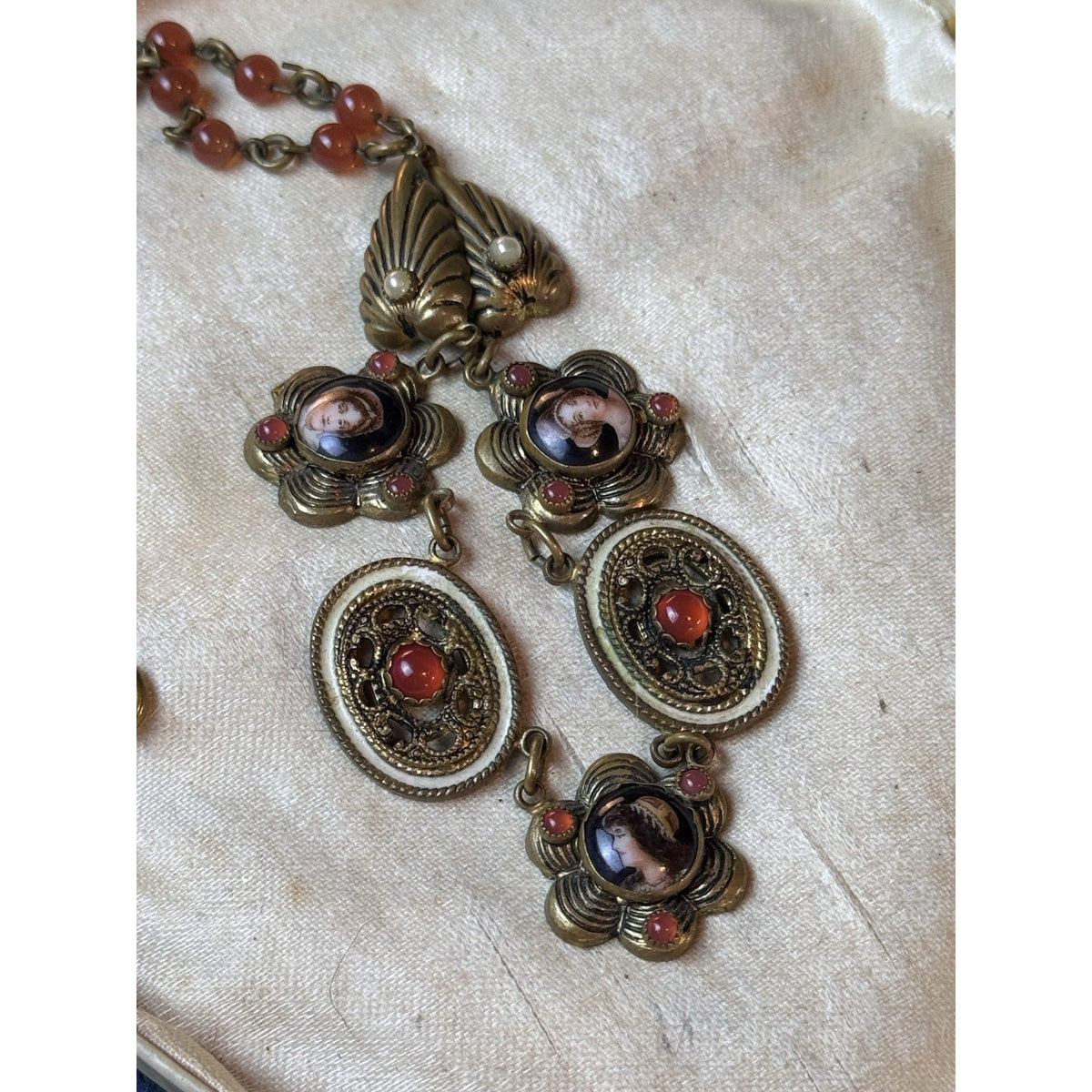 Victorian Revival Brass Necklace Portrait Links Coral Orange Glass Beads 16”