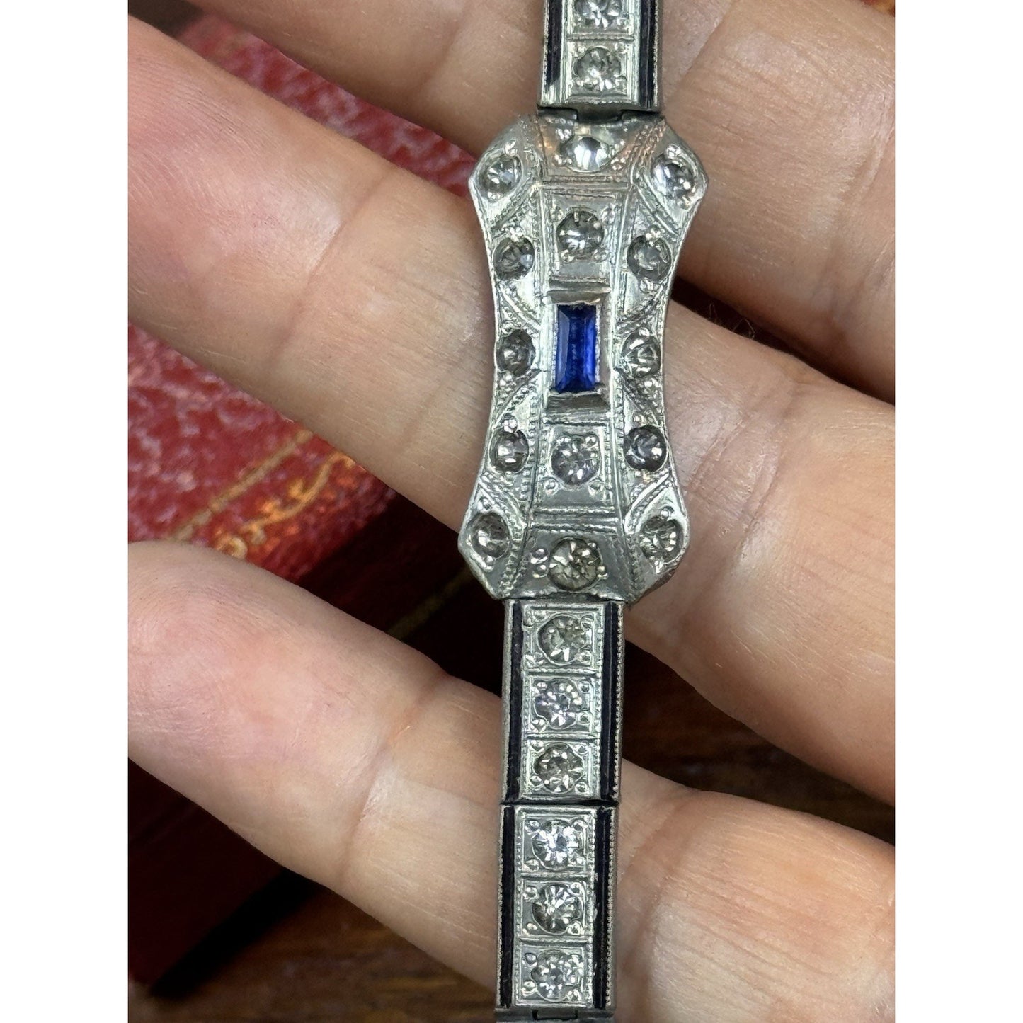 NOV-E-Line Bracelet 6” 1920s Art Deco Silvertone Rhinestone Blue Glass