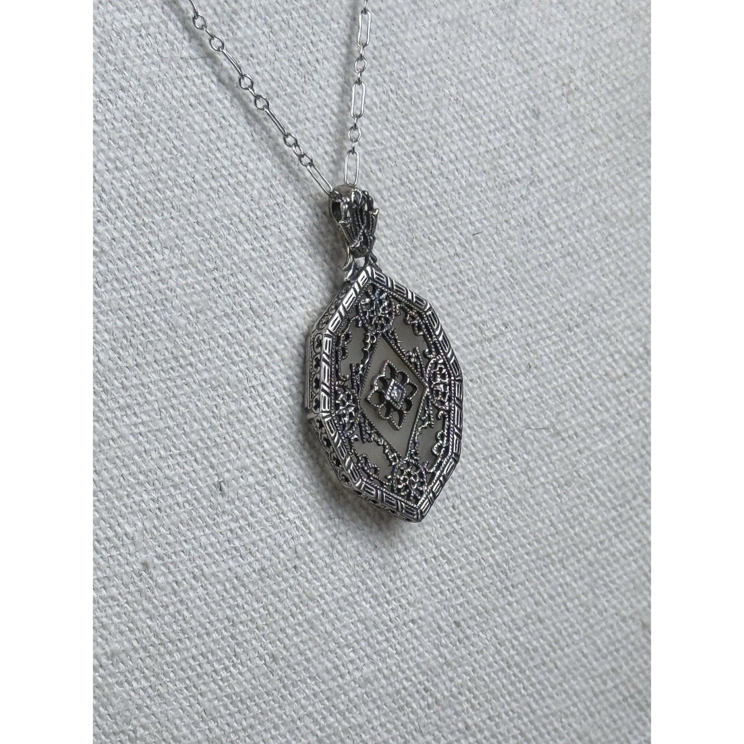 Sterling Camphor Glass Necklace Art Deco Style Filigree Pendant 19”