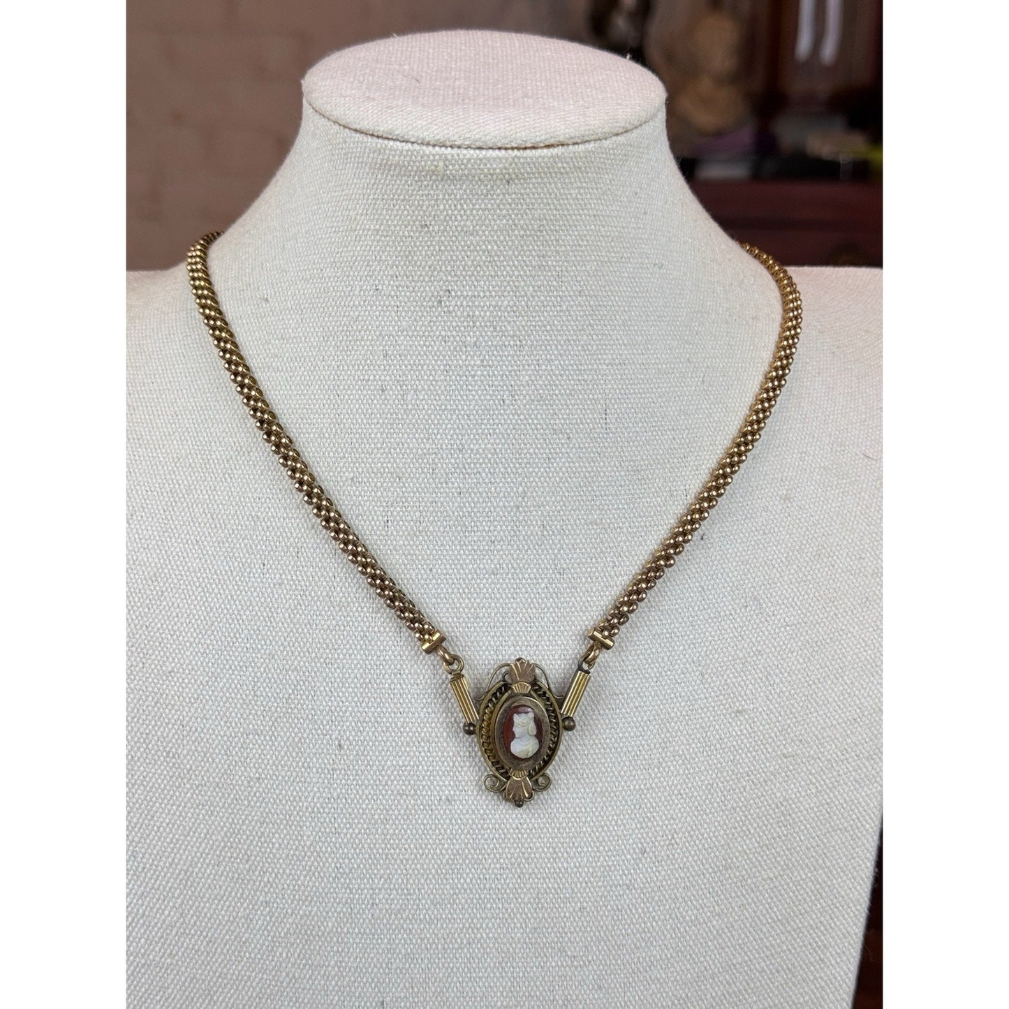 Antique Gold Filled Cameo Necklace Victorian Edwardian Ornate Filigree 18.5”