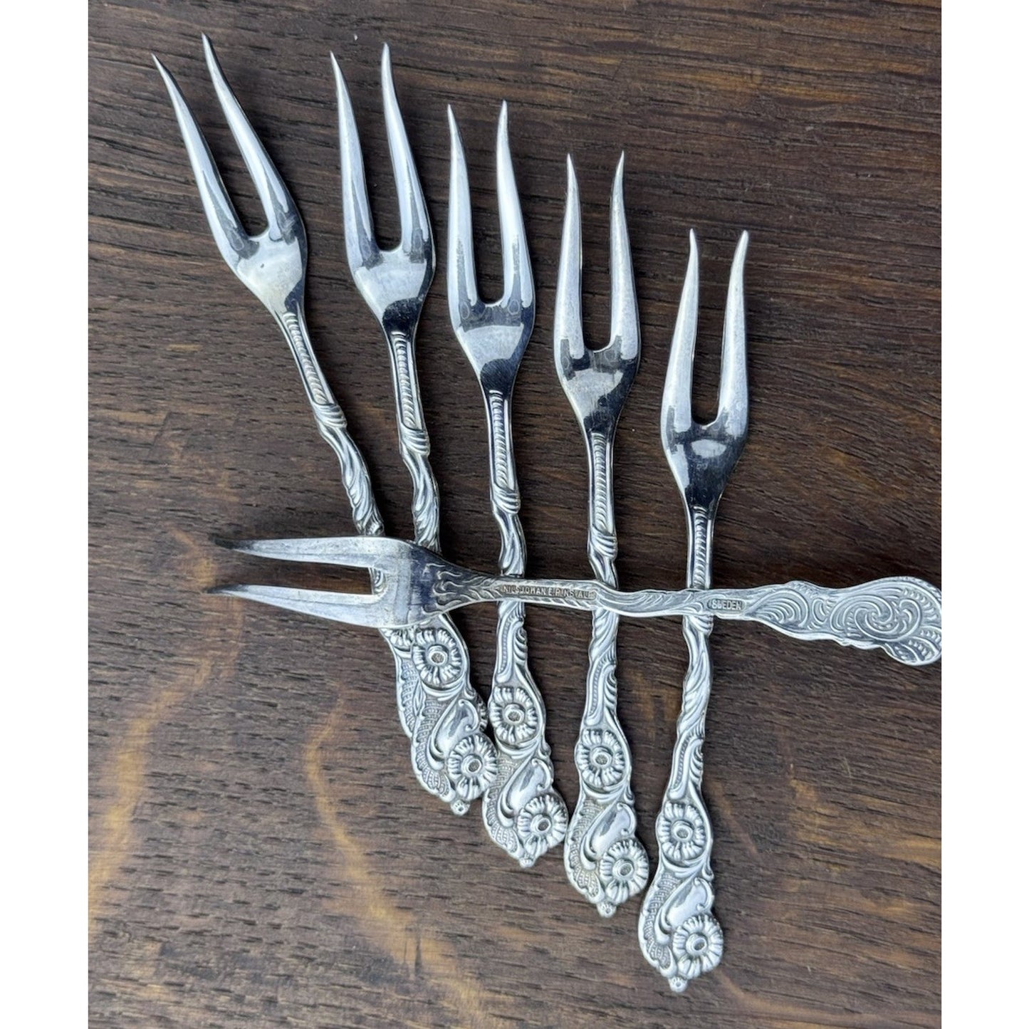 Vintage Nils Johan Hors d’Oeuvres Forks Set 6 EPNS Sweden Silverplate