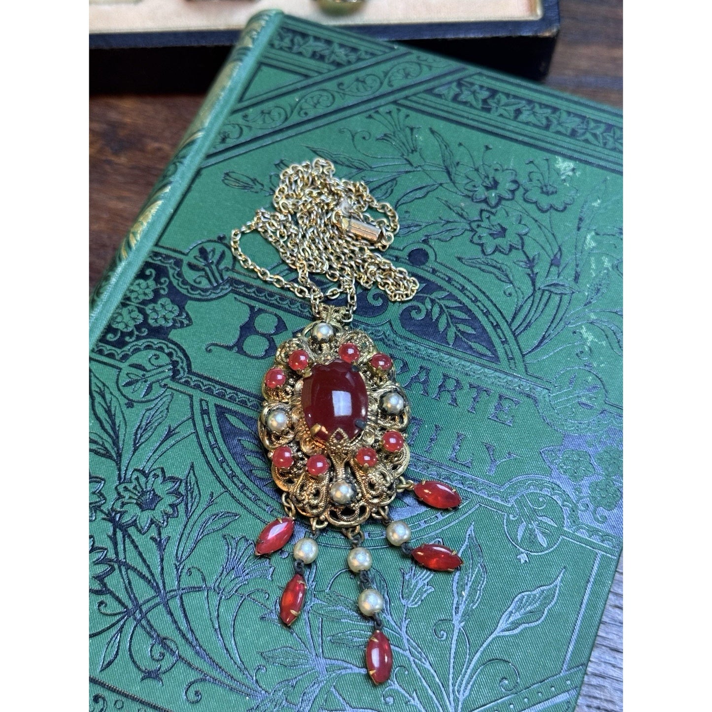 Vintage Filigree Brooch Pendant Necklace Red Art Glass Faux Pearl Dangle 27.5”