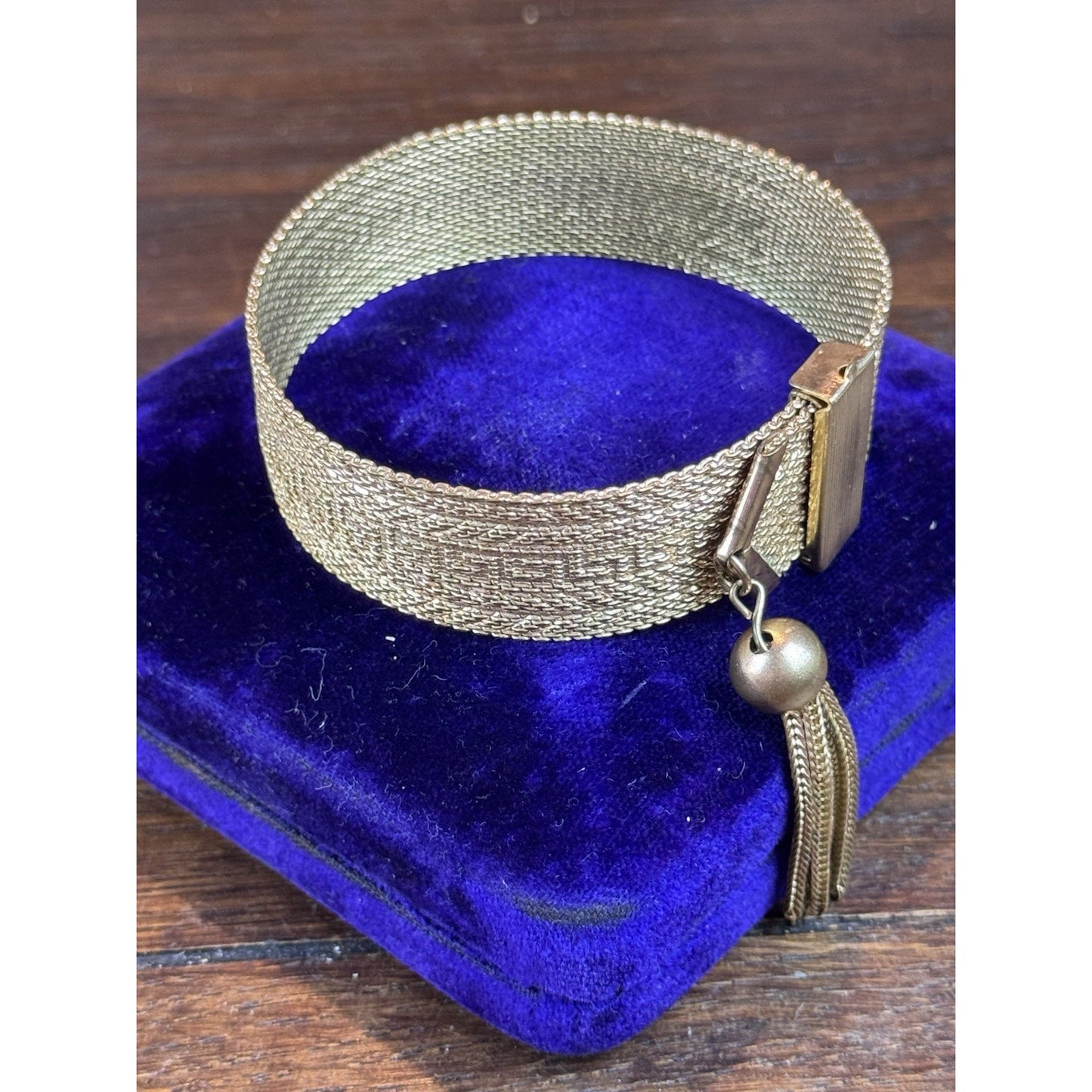 Goldtone Greek Key Bracelet Mesh Belt Tassel Adjustable 7”+ VINTAGE
