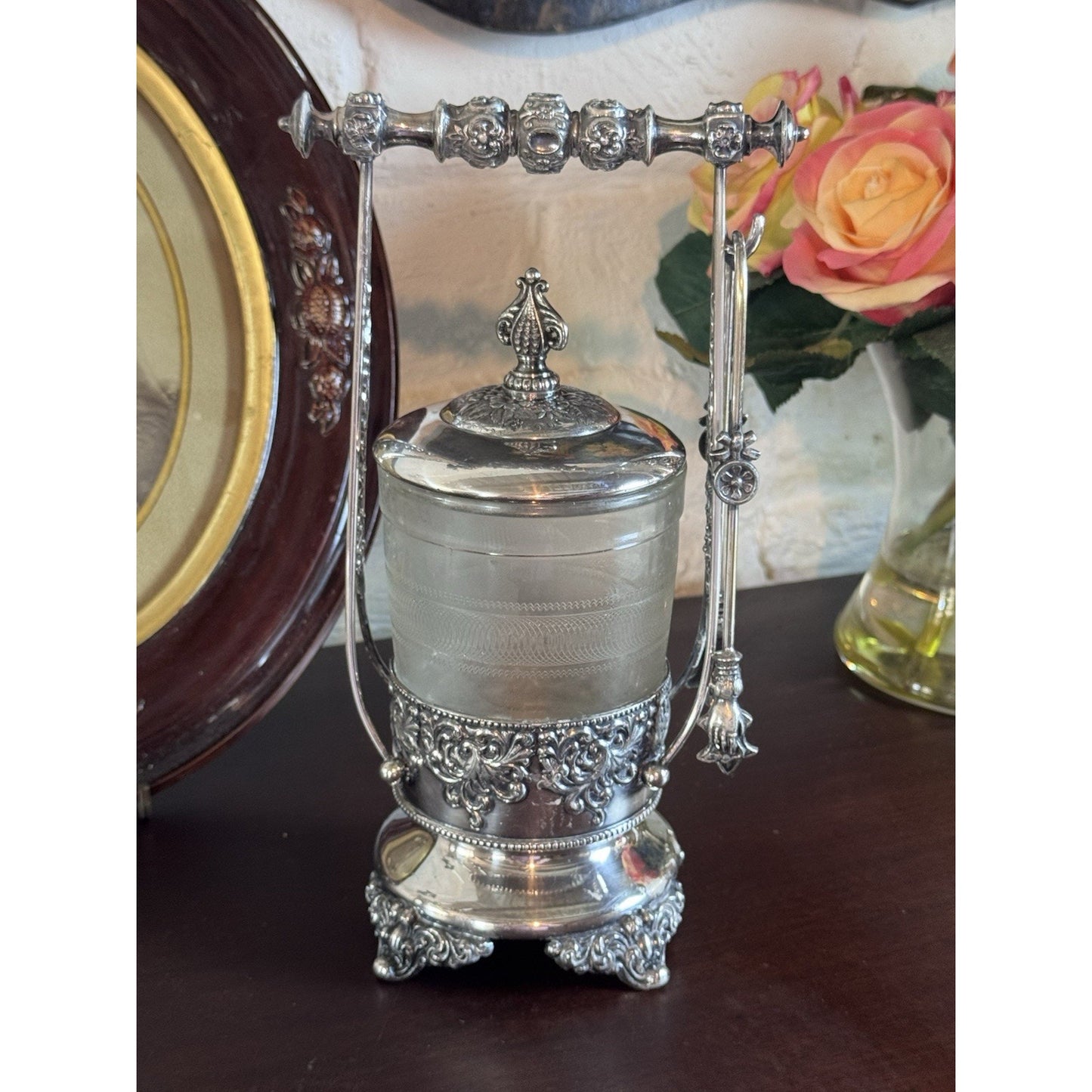 Antique Pickle Castor Forbes Silver Co Quadruple Plate Glass Jar & Tongs