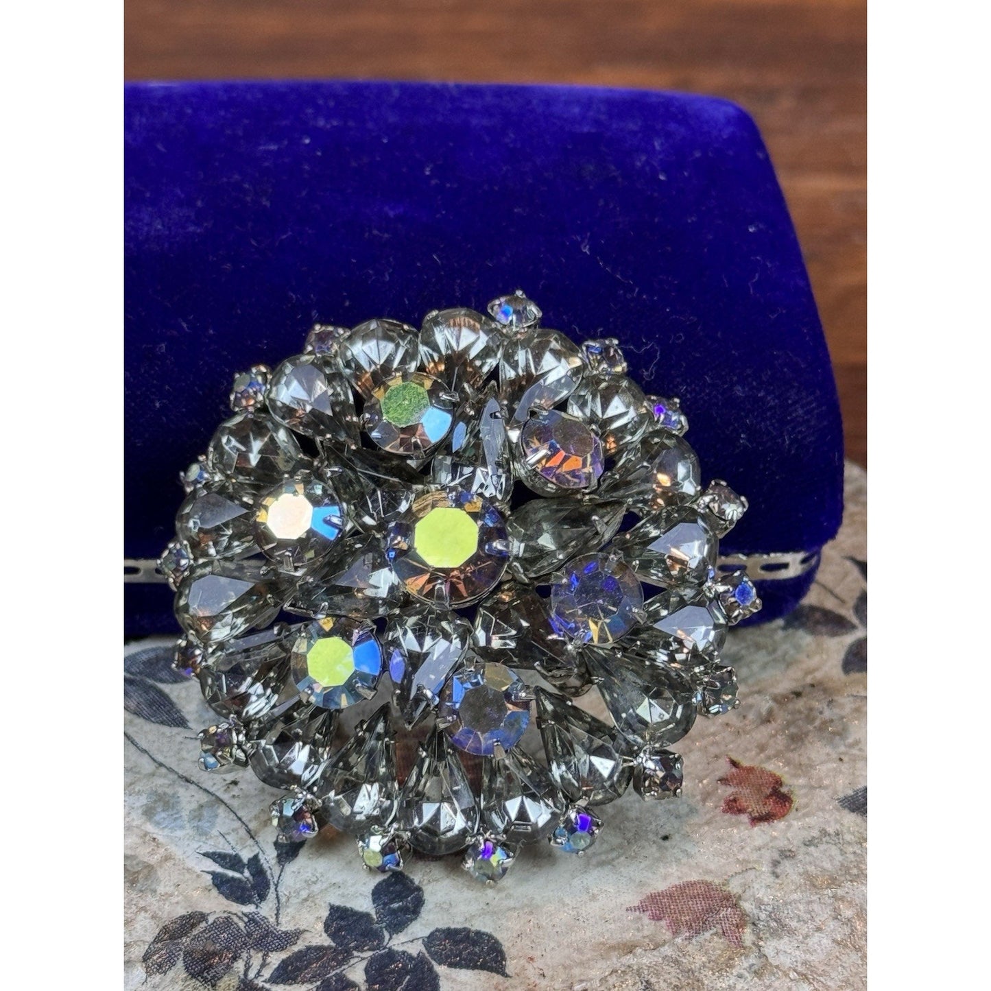 Vintage Smoky Gray AB Rhinestone Statement Brooch 2” Layered Floral Cluster