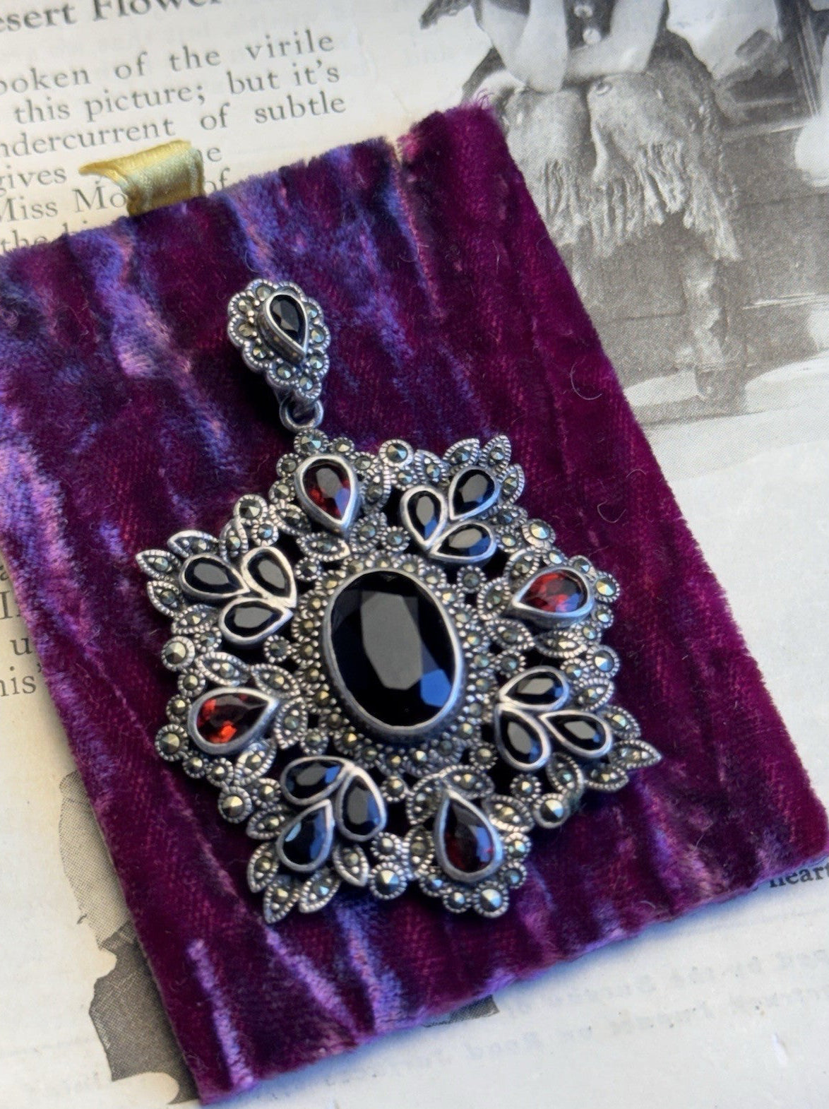 Sterling Silver Pendant Garnet Black Stones Marcasite Victorian Revival 2.25”