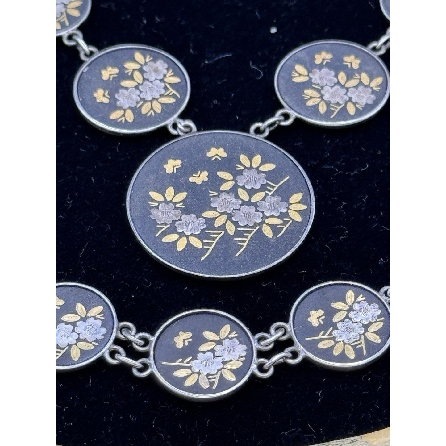 Japanese Damascene Necklace Set Silver Bracelet Earrings Floral Vintage