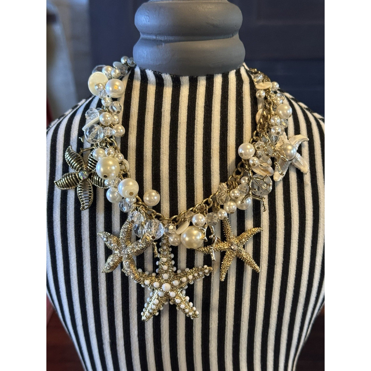 Goldtone Ocean Charm Necklace Starfish Faux Pearl Crystal Statement 19.5”