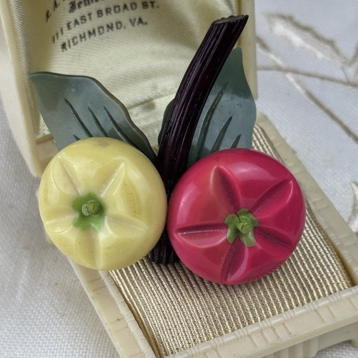 Plastic Fruit Brooch Pink Yellow Persimmon Figural Pin 2” Mid Century VINTAGE