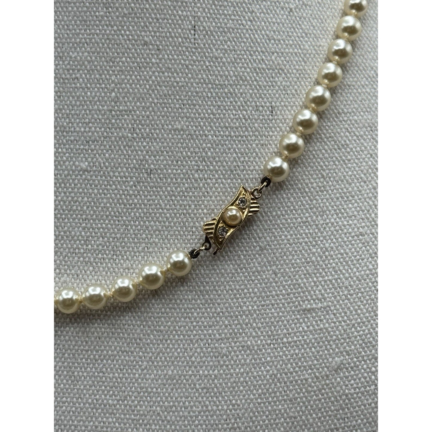 Vintage Faux Pearl Necklace Knotted 18.5” Gold Tone Rhinestone Clasp Bridal