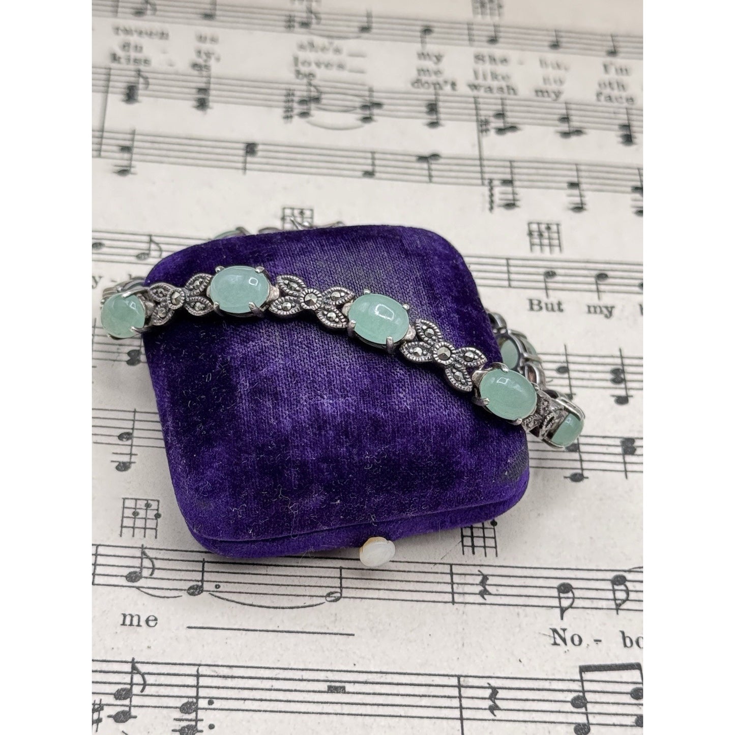 Sterling Bracelet Marcasite Green Cabochon Link 7.75” MISSING Marcasite‼️