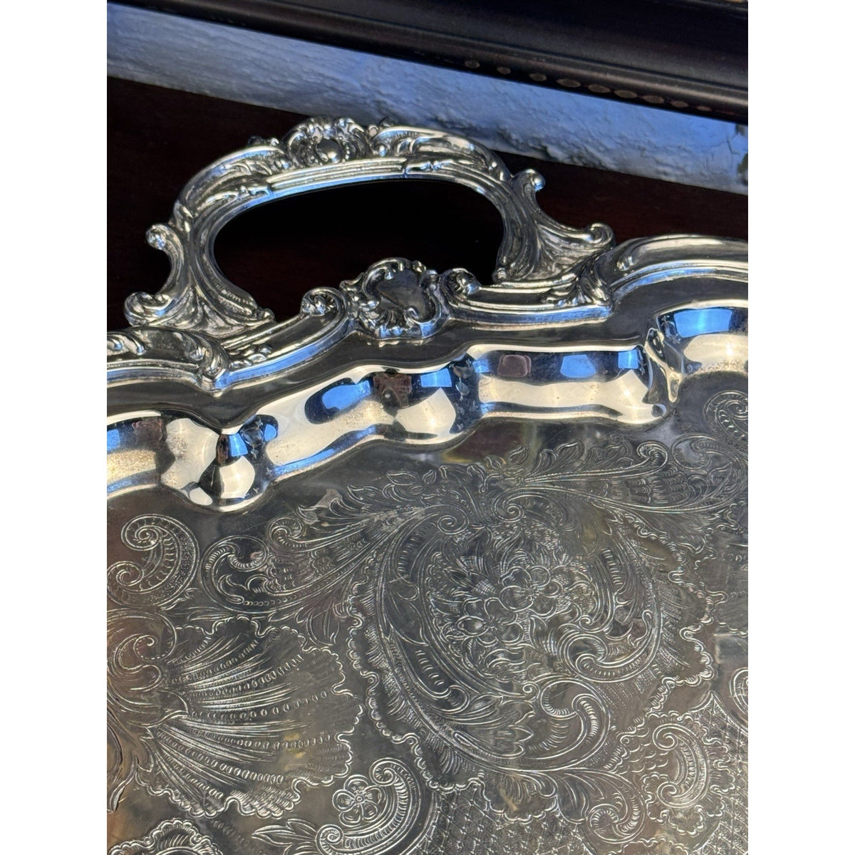 Silverplate Serving Tray Large Footed Serpentine Handled Shell Chased VINTAGE